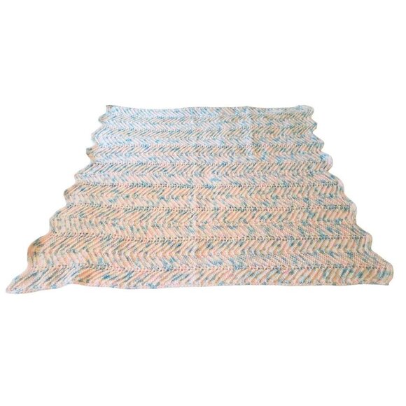 Hand Knitted Blue Pink and White Baby Blanket Scalloped Edge New - Picture 1 of 5